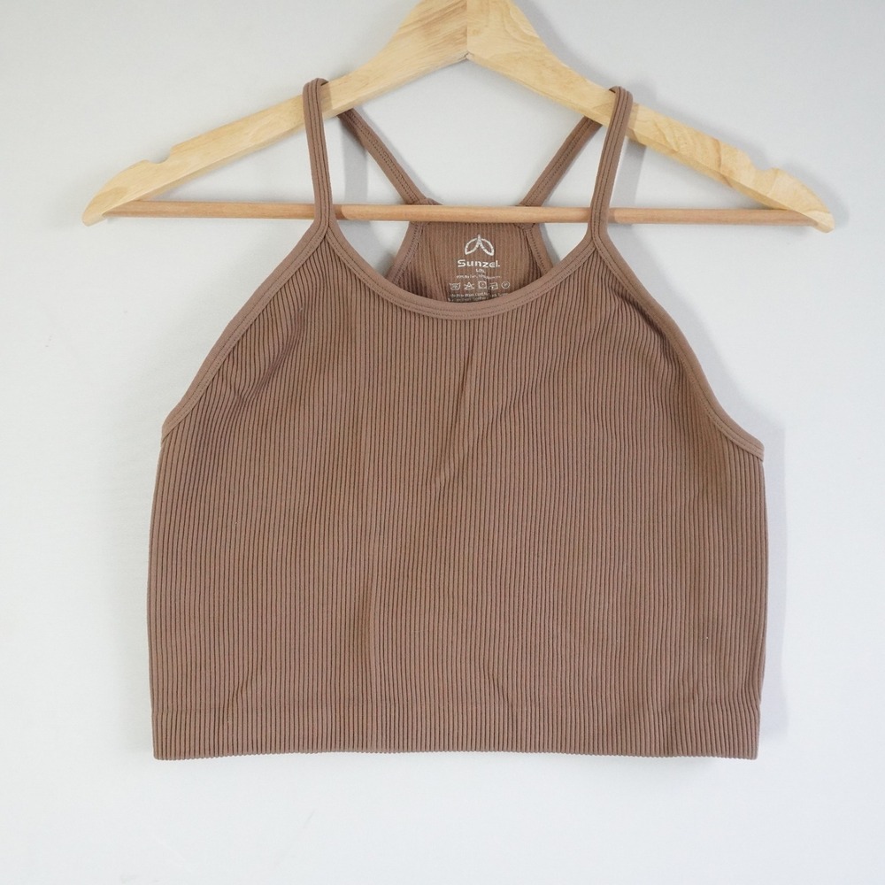 Sunzel Brown Ribbed High Neck Racerback Crop Top Women Size L XL Seamless Sporty